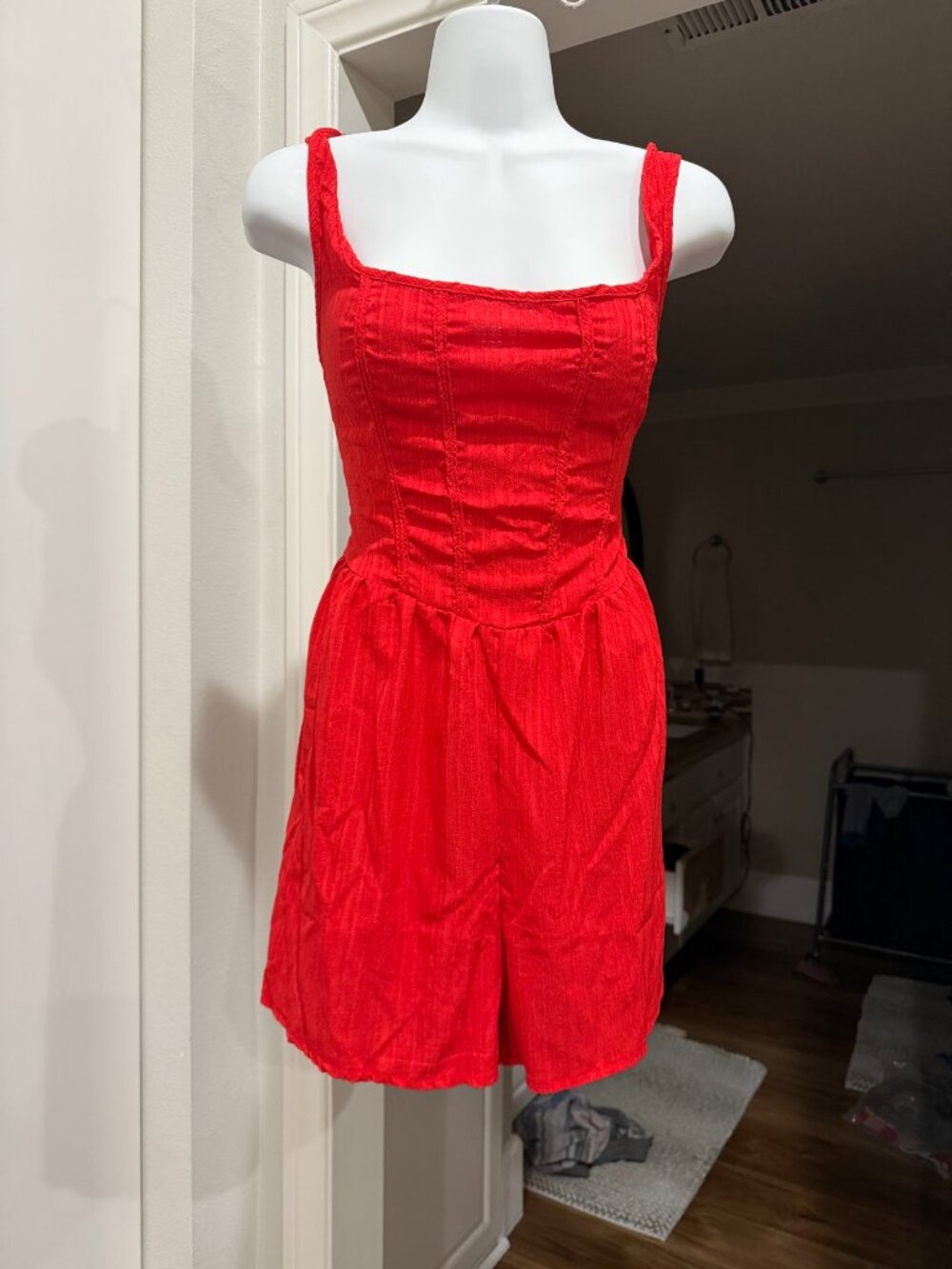 Red Corset Romper Women's Medium Stretchy Linen Look Summer NEW